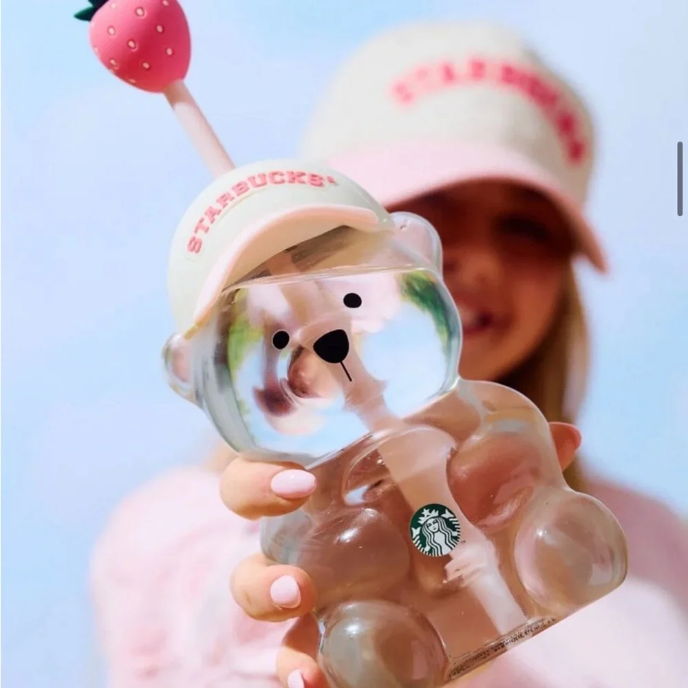 Starbucks Pink White Strawberry Bear Drink Charm Keychain